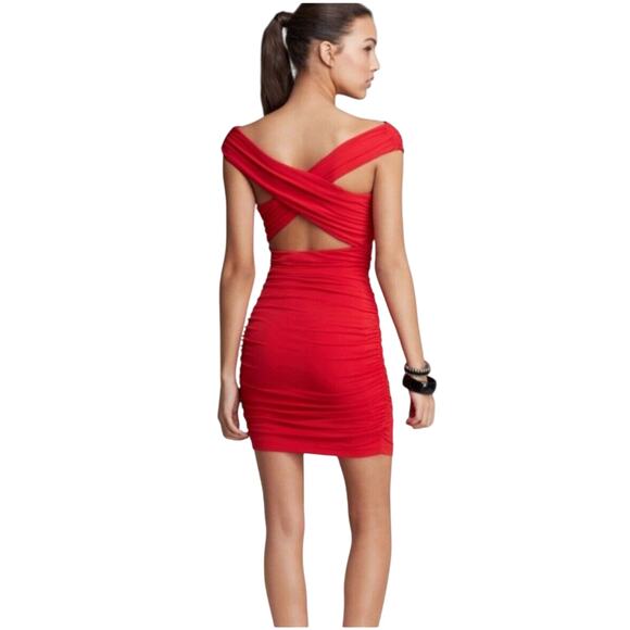 Guess Sexy Deep Red Ruched Draped Off-Shoulder Cross Back Bodycon Mini Dress S - Picture 1 of 14